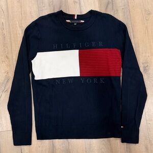 Tommy Hilfiger Men's Sweater in Navy with Red and White Block